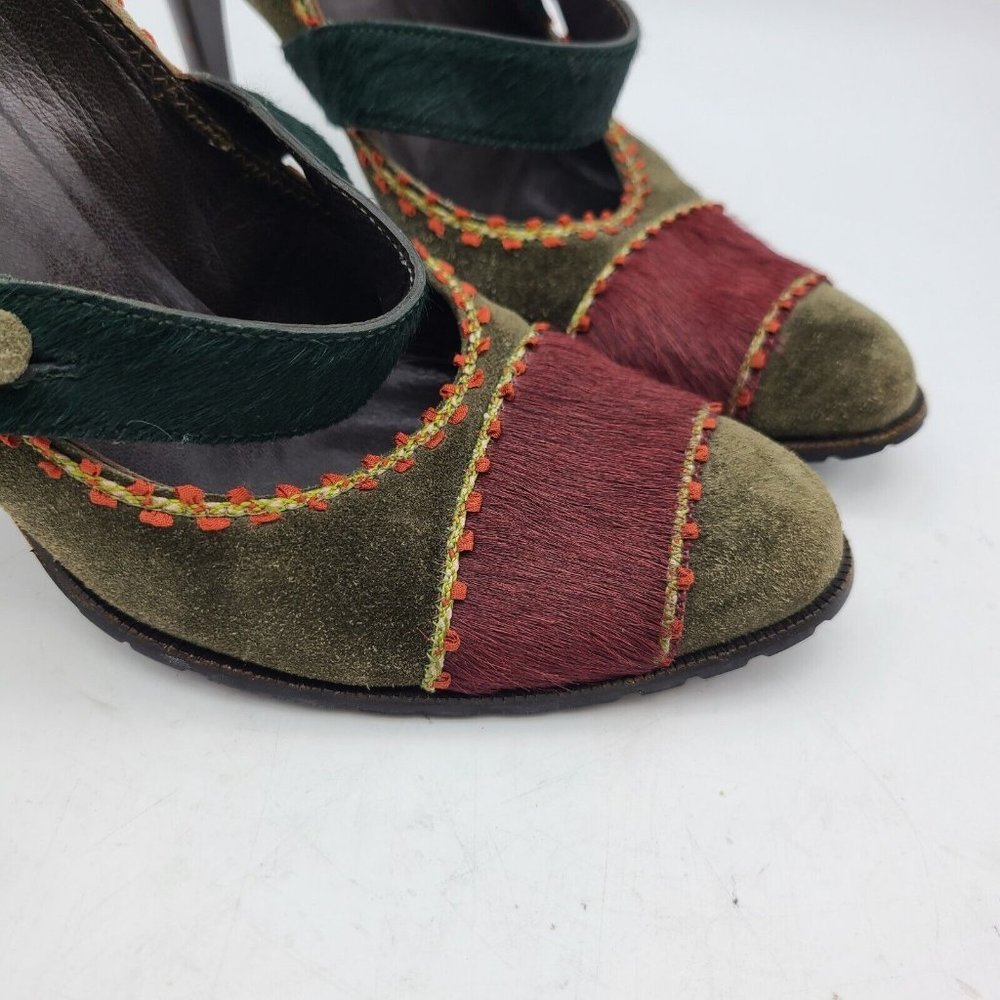 Philosophy Alberta Ferretti Designer heels pumps green red calf hair sz 8.5 39 - Picture 4 of 11